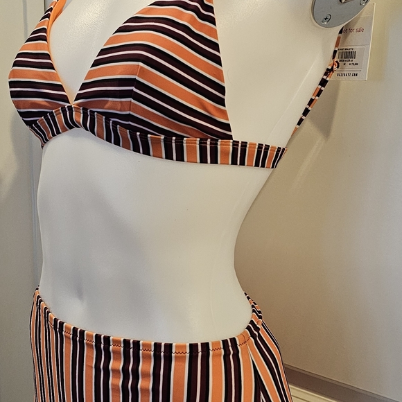 Daze Dayz SUNSET Orange Striped BIKINI SET Bralette High Waisted Bottom Medium - Picture 4 of 10